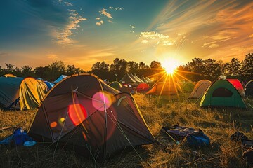 High Resolution Picture of Outdoor Music Festival with Tents and Sunset Backdrop