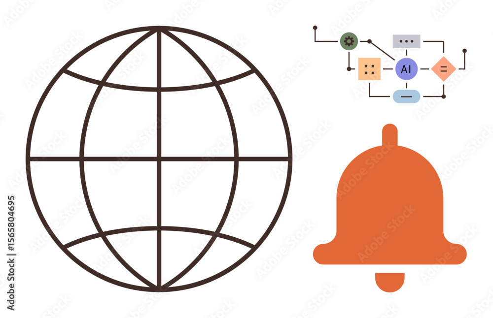 Poster globe symbolizing global access, ai flowchart representing technology and automation, and bell for n