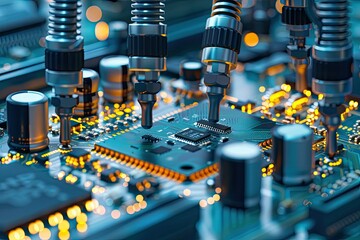 Vibrant Color Picture of Quality Control of Circuit Board in Electronics Manufacturing Factory
