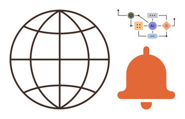 Globe symbolizing global access, AI flowchart representing technology and automation, and bell for notifications. Ideal for communication, AI, technology, connectivity, alerts, automation education