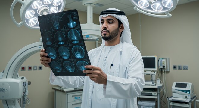 Concentrated doctor in traditional attire carefully examines medical x-rays in a modern hospital setting.