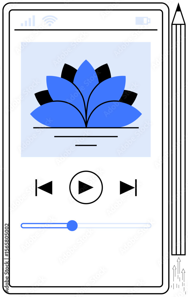 Aufkleber smartphone screen displaying a music player interface with play buttons, volume slider, and lotus ar