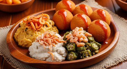 Wooden plate featuring acaraj&eacute; with okra, shrimp, and vatap&aacute;, topped with dried shrimp and hot sauce