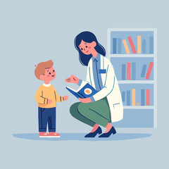 Doctor Reads Book To Young Boy Patient Cartoon Illustration