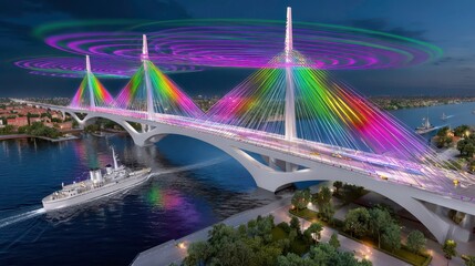 Obraz premium Modern Bridge Architecture with Colorful Lights and Evening Skyline. Cityscape with Bridge at Night.