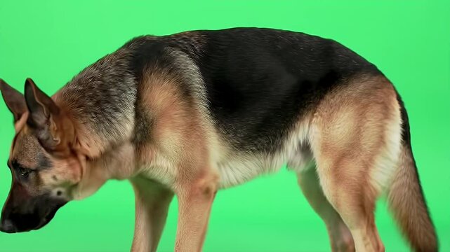 Nervous German Shepherd Dog Pacing Anxiously Isolated on Green Screen Representing Stress and Anxiety with Full Side Shot and High Resolution