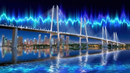 Obraz premium Futuristic Cityscape Bridge at Night with Digital Waveform Overlay. Urban Technology Concept.