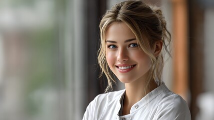 Smiling Woman with Blond Hair Wearing a White Shirt