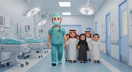 Smiling doctor leads children down a hospital corridor, conveying hope and care in a animation.