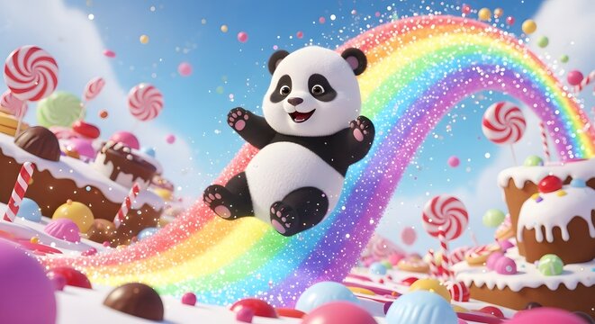 Joyful cartoon panda sliding down a sparkling rainbow amidst a whimsical candy land filled with colorful sweets and lollipops