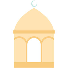 2D illustration of a yellow mosque with arched doors and crescent moon, ideal for Ramadan, Eid, and Islamic celebration visuals.