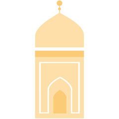 2D illustration of a simple golden mosque with clean lines and dome, perfect for banners, greeting cards, and Islamic holiday graphics.