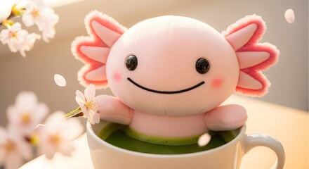 Fototapeta premium Adorable pink axolotl plush toy peeking out of a white mug filled with green liquid surrounded by delicate cherry blossoms