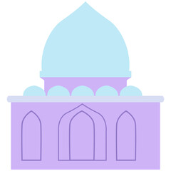 2D illustration of a purple mosque with blue dome and arched windows, great for Ramadan, Islamic graphics, or cultural religious designs.