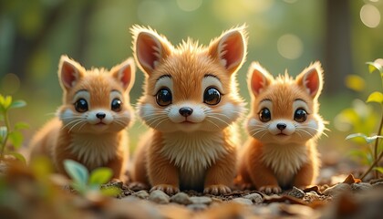 Three Adorable Cartoon Fox Kits in a Forest Setting
