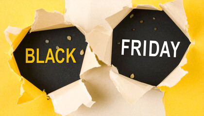 Black Friday text in white letters on a black and yellow background.