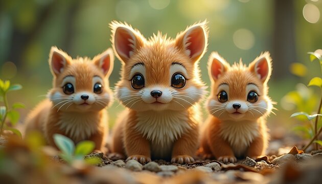 Three Adorable Cartoon Fox Kits in a Forest Setting