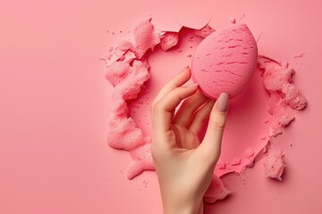 flawless picture of Hand holding a beauty blender from a hole in a pink background.