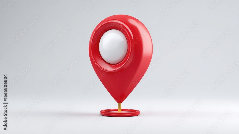 Poster bright red location pin icon representing navigation and mapping services, isolated on white backgro