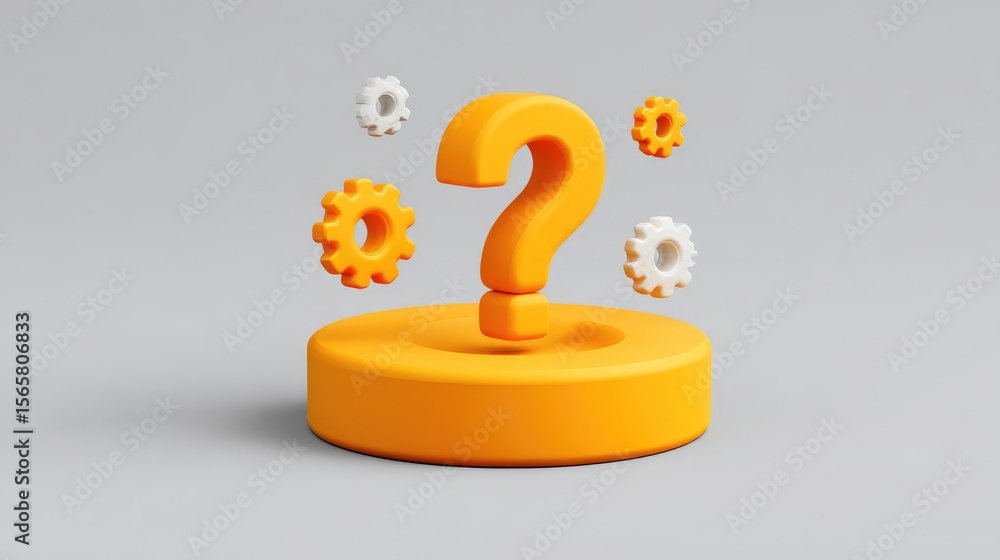 Poster bright yellow question mark surrounded by gears on a gray background signifying curiosity and proble
