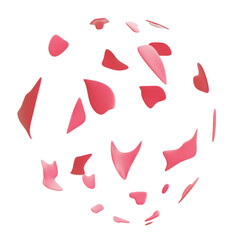 3D illustration of a red balloon exploding into multiple pieces, showing dynamic motion and abstract fragmented shapes on white background.
