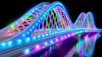Fototapeta premium Futuristic Neon Bridge Architecture Over Water. Abstract, Technology, Cityscape.