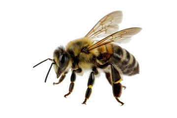 A close up of a honey or bumble bee on a isolated white background isolated, white background