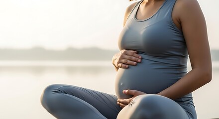 Pregnant Woman Practicing Yoga by the Lake at Sunset