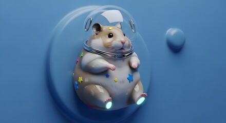 Adorable fluffy hamster wearing a clear astronaut helmet decorated with colorful stars and glowing feet on a blue background