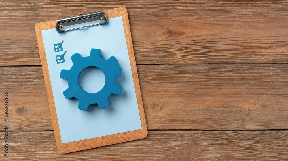 Poster blue gear symbol on clipboard with checklist for project management and productivity, representing p