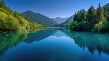 Fototapeta premium Tranquil Lake Surrounded by Lush Green Forests and Majestic Mountains Reflecting in Clear Waters Under Bright Blue Sky in Nature Landscape