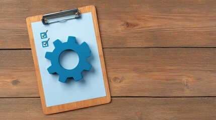Blue gear symbol on clipboard with checklist for project management and productivity, representing planning and organization in a professional setting