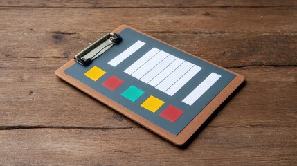 Colorful Test Card Display on a Wooden Surface for Visual Testing and Calibration in Photography and Film Production Settings