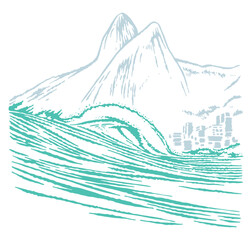 Graphic style art of the coastal region of the city of Rio de Janeiro, Brazil.