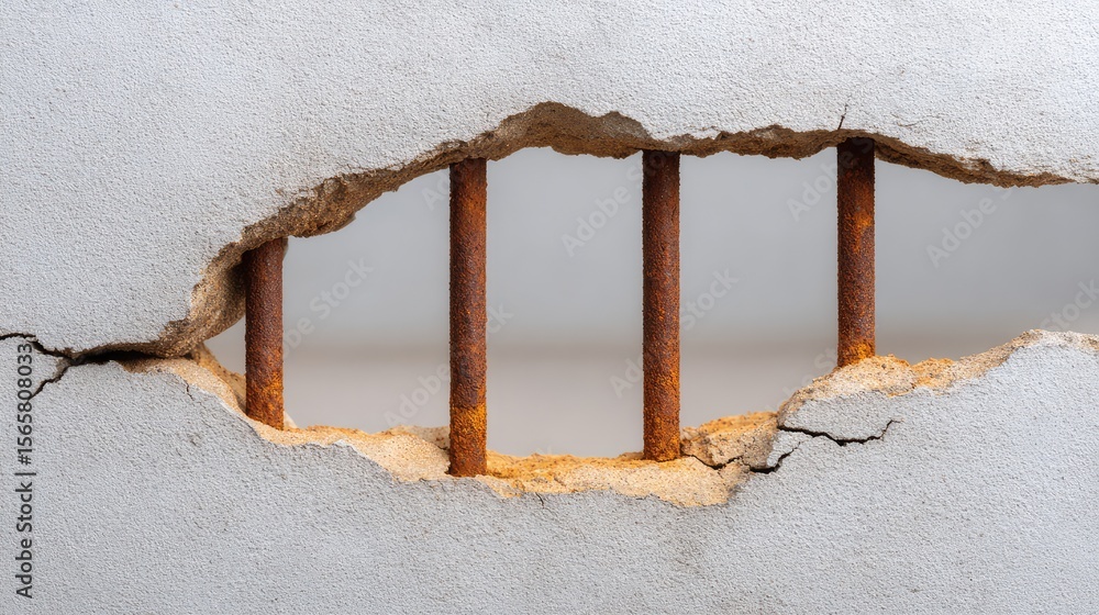 Poster rusty reinforcement bars visible through cracked wall, featuring textured surface and subtle light e