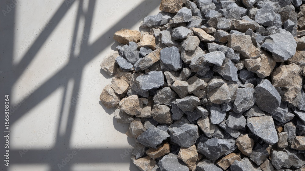 Poster pile of gray and brown rocks casting shadows on a light background, highlighting the natural texture