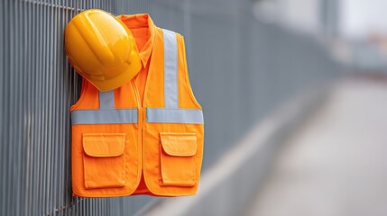 Bright Orange Safety Vest with Reflective Stripes and Hard Hat Hanging on a Fence, Ideal for Construction and Industrial Settings to Ensure Worker Safety