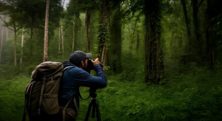 Photographer in a misty rainforest