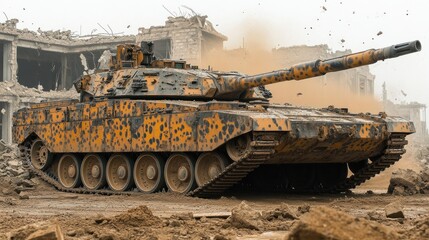 Military tank in a war zone