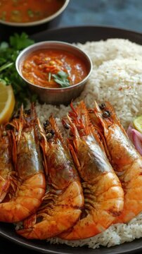 A large bowl of grilled shrimp over rice, a hearty and delicious meal. The bright red color suggests they might be seasoned or marinated.