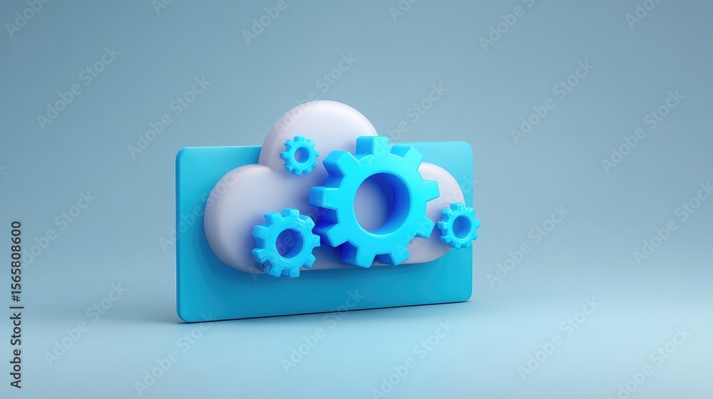 Poster abstract illustration of cloud computing concept featuring a stylized cloud with blue gears represen