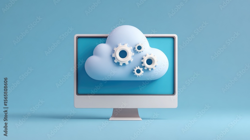 Poster Modern Computer Monitor Displaying Cloud Technology Concept with Gears Representing Digital Innovation in a Minimalist Blue Background