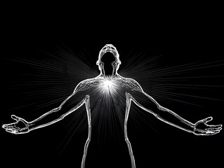 Abstract Silhouette in Light: An ethereal human figure silhouetted against pure dark, emanating glowing light from its core, in an artwork that explores themes of spirituality and enlightenment.