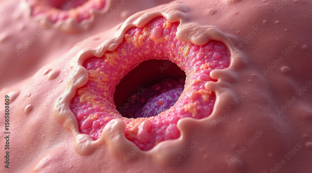 Poster close up view of mucosal damage repair simulation post infection, showcasing cellular structures and