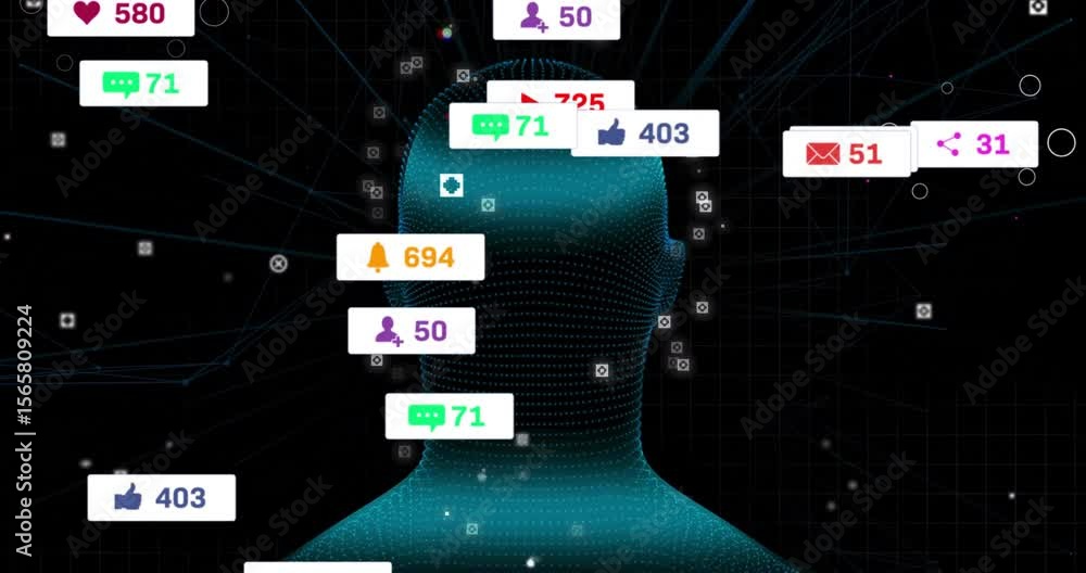 Poster on start camera panning around blue data head, social icons orbiting showing incoming notifications