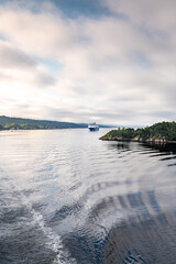 A cruise ferry sails smoothly across the calm waters of Oslo Fjord in Norway, surrounded by lush green landscapes on a summer morning.
