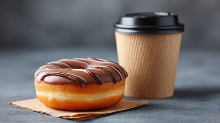 Delicious chocolate glazed donut next to an eco-friendly takeaway coffee cup on a textured gray surface, perfect for food and beverage related projects and advertising.