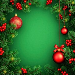 copy space for text background Christmas Green Pine Forest with Red Ornaments concept