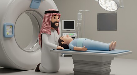 Compassionate Care: A rendering of a man in traditional Middle Eastern attire comforting a patient on a medical table near a CT scanner.
