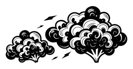 A bold black and white illustration of two stylized broccoli florets, one larger than the other, with dynamic swirling patterns within their crowns and a few abstract shapes suggesting movement.